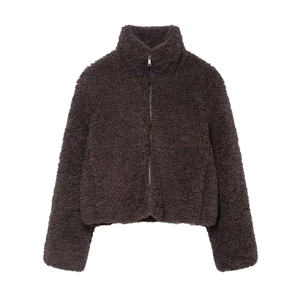 Damen Winter Teddy Fleece Jacke Eleganter Stehkragen Kunstpelz Mantel Warmer Reißverschluss Outwear Für Freizeit Pendeln Kaffee