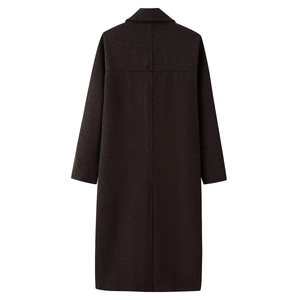 Back view of minimalist long dark brown cashmere wool coat with structural back seams