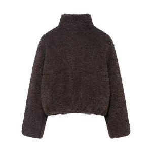 Dunkelbraune Fleecejacke für Damen mit Stehkragen und kuscheliger Lammfell-Optik Rückansicht