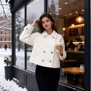 Women's chic off-white double-breasted boucle wool coat for elegant winter styling