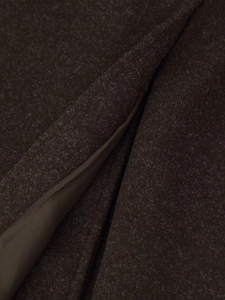 Macro shot of dark brown wool coat showing premium texture and silk-like satin lining