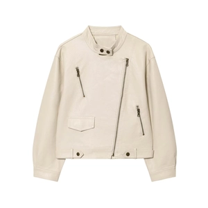 Cream white faux leather biker jacket for women featuring zipper pockets and stand collar