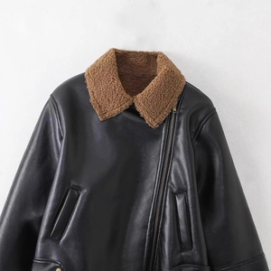 Women's vintage faux leather biker jacket with brown faux shearling collar and warm lining