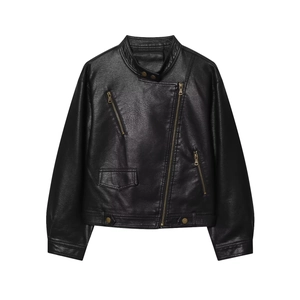 Women's black PU leather biker jacket with diagonal zipper and stand collar design