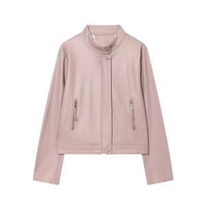 Giacca da donna in ecopelle rosa antico con colletto alla coreana e doppia zip moderna