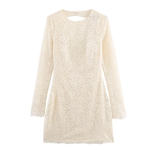 Elegant Cream White Floral Lace Mini Dress For Women Round Neck Long Sleeve Backless Hollow Out A-Line Party Dress