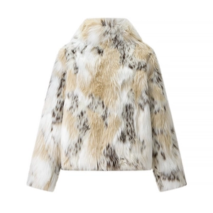 Back view of a fluffy faux fur coat featuring natural spotted animal texture in beige