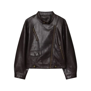Women dark brown PU leather biker jacket with asymmetric zipper and pebbled texture finish