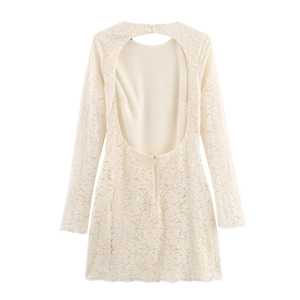 Elegant off-white lace long sleeve mini dress featuring an open back design and zip closure