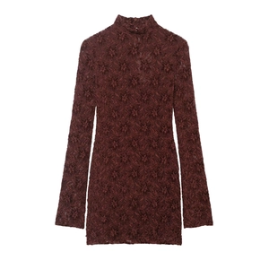 Elegant Wine Red Floral Lace Midi Dress Long Sleeve Half High Neck Slim Fit Bodycon Party Dress For Women