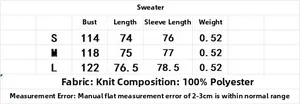 Detaillierte Größentabelle für Damen-Strickponcho mit Brust- und Ärmelmaßen in S bis L