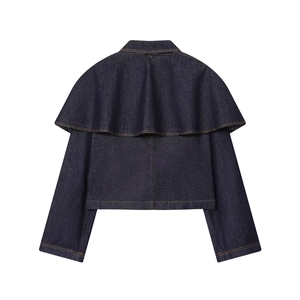 Deep blue denim jacket with ruffled back detail displayed on a clean white background