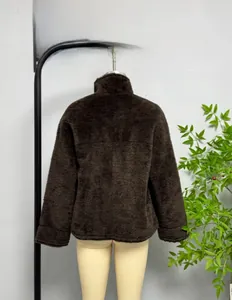 Back view of a high-collar dark brown faux fur jacket with oversized loose fit design