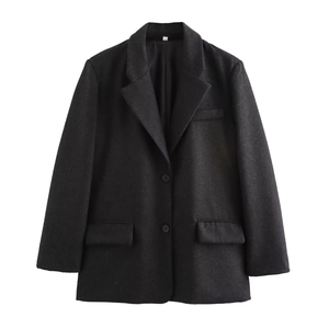 Classic black mid-length blazer with padded shoulders and notched lapel for women