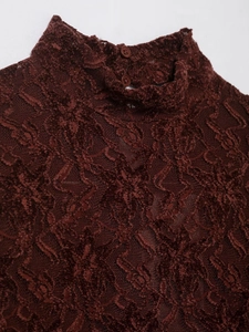 Macro detail of the dark reddish-brown lace bodice with high collar and back button accents