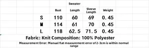 Detailed size chart for retro jacquard knit sweater showing S, M, L measurements