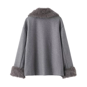 Short grey wool blend coat with faux fur collar and cuffs shown from the back view