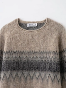 Close-up of crew neck knit sweater with vintage beige and grey jacquard textures