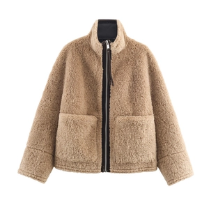 Brown faux shearling teddy jacket with high collar and large front pockets