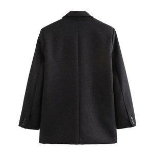 Detail view of the back seams and black buttons on the cuffs of this wool blazer jacket