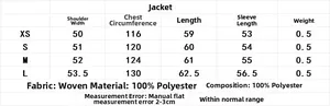 Detailed size chart for retro metallic pilot jacket covering XS to L with measurements