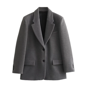 Classic grey wool blazer with structured padded shoulders and double-button closure