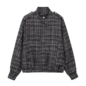 Vintage Women Tweed Bomber Jacket Metallic Thread Stand Collar Loose Coat Epaulettes And Silver Metal Buttons Outwear