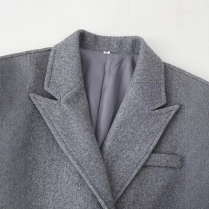 Classic dark grey double-breasted wool coat with fringe hem and smooth inner lining