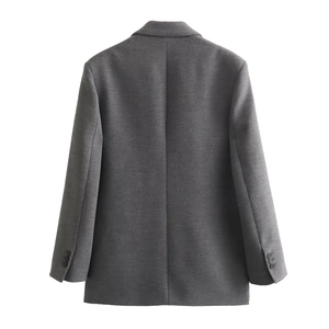Dark grey women blazer with shoulder pads and back seam detail in textured fabric