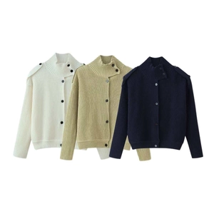 Women Ribbed Knit Cardigan Sweater High Neck Side Button Epaulettes Solid Color Long Sleeve Casual Loose Knitwear Coat