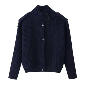 Women's dark navy ribbed knit cardigan with stand collar and military shoulder epaulets