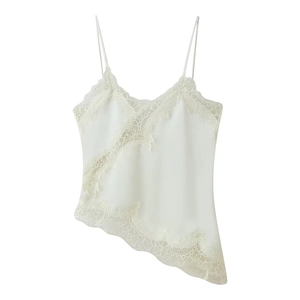 Elegant white satin lace camisole top with v-neckline and asymmetric hemline detail
