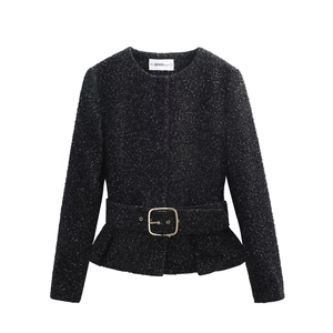 Elegant black tweed short jacket with waist belt and gold buckle for women