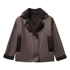 Women's dark brown oversized shearling jacket with warm faux fur collar and suede finish