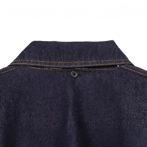 Deep blue denim jacket with yellow contrast stitching and back collar metal button detail
