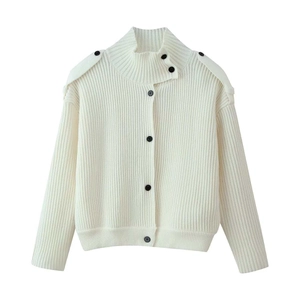 Chic off-white high-neck knit cardigan with black buttons and shoulder epaulettes