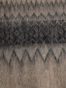 Macro detail of geometric jacquard knit sweater with soft beige and charcoal grey mohair fibers