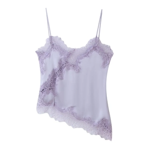 Pale purple satin camisole top with eyelash lace trim and asymmetric hem design