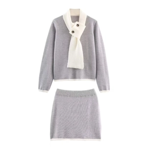 Ensemble en maille grise deux pièces avec haut à manches longues et jupe élégante assortie