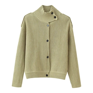 Close-up of olive green ribbed knit cardigan with high neck and button details