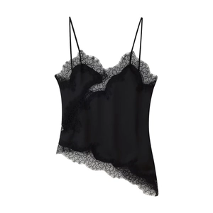 Detailed view of black satin camisole featuring delicate eyelash lace trim and irregular hem