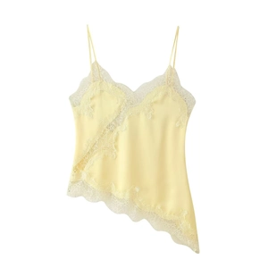Pale yellow satin camisole top with eyelash lace trim and asymmetrical hem on white background