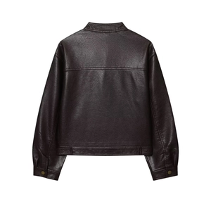 Detailed view of the dark burgundy PU leather bomber jacket showing grainy texture and seams