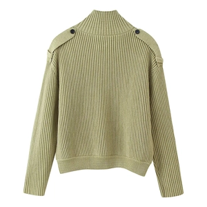 Women's grass green ribbed knit sweater with shoulder epaulettes and turtleneck design