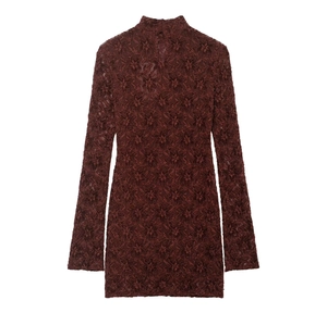 Elegant burgundy floral lace midi dress with long sleeves and refined high collar design