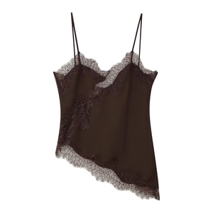 Coffee brown satin camisole top with lace trim and asymmetrical hemline detail