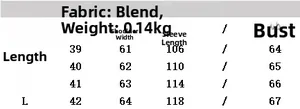 Detailed size guide table for women sequin shirt featuring shoulder and sleeve dimensions