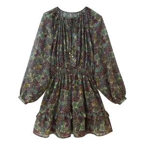 Vintage Paisley Print Metallic Thread Mini Dress For Women Bohemian Ruffle Tiered Long Sleeve Tie Neck Elastic Waist Dress
