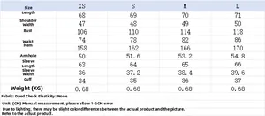 Size chart showing XS to L measurements for the plaid jacket and trousers set