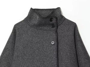 Detail of dark grey wool jacket featuring high collar and black contrast stitching